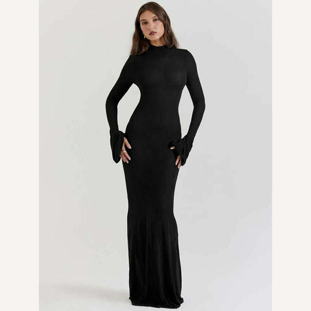 KIMLUD, JULISSA MO Elegant Women's Sexy Backless Long Sleeve O-Neck Evening Dress For Femme Autumn Slim Bodycon Party Maxi Dress 2023, KIMLUD Womens Clothes