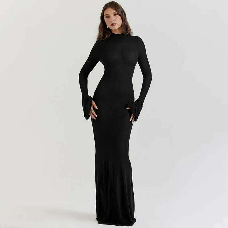 KIMLUD, JULISSA MO Elegant Women's Sexy Backless Long Sleeve O-Neck Evening Dress For Femme Autumn Slim Bodycon Party Maxi Dress 2023, Black / S, KIMLUD APPAREL - Womens Clothes
