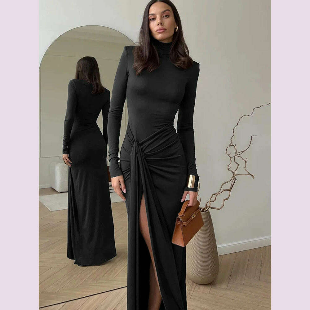 JULISSA MO Sexy High Slit Bandage Women Long Dress Black Turtleneck Long Sleeve Dress Female Winter Slim Elegant Women Clothing - KIMLUD