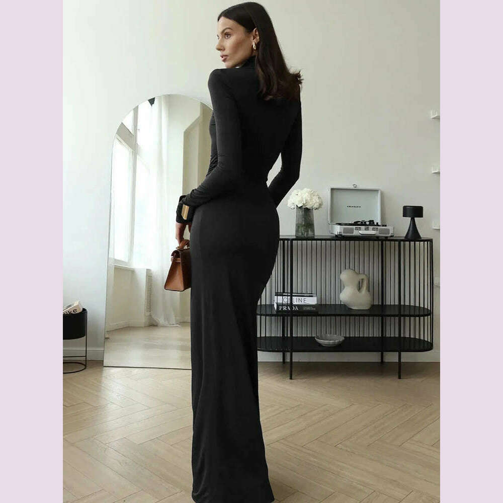 JULISSA MO Sexy High Slit Bandage Women Long Dress Black Turtleneck Long Sleeve Dress Female Winter Slim Elegant Women Clothing - KIMLUD
