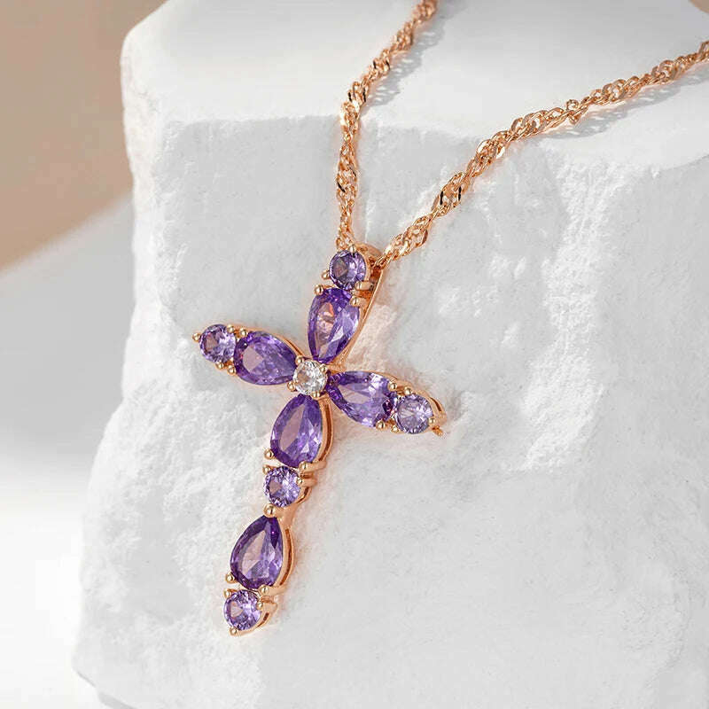 JULYDREAM Full Geometric Purple Zircon Cross Pendant Gold Color Water Wave Chain Luxury Necklace for Women Sparkling Jewelry - KIMLUD
