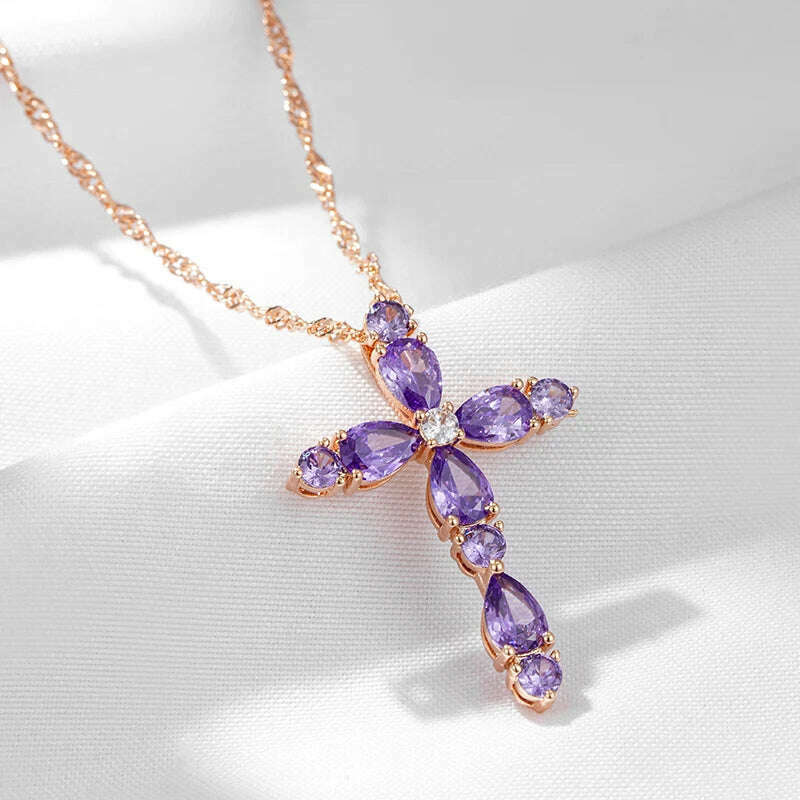 JULYDREAM Full Geometric Purple Zircon Cross Pendant Gold Color Water Wave Chain Luxury Necklace for Women Sparkling Jewelry - KIMLUD