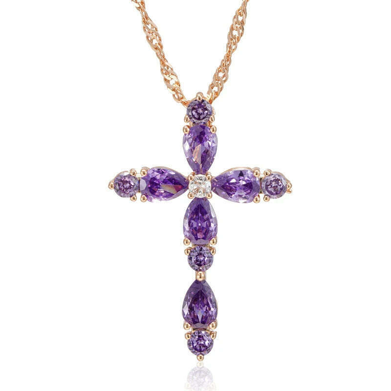 JULYDREAM Full Geometric Purple Zircon Cross Pendant Gold Color Water Wave Chain Luxury Necklace for Women Sparkling Jewelry - KIMLUD