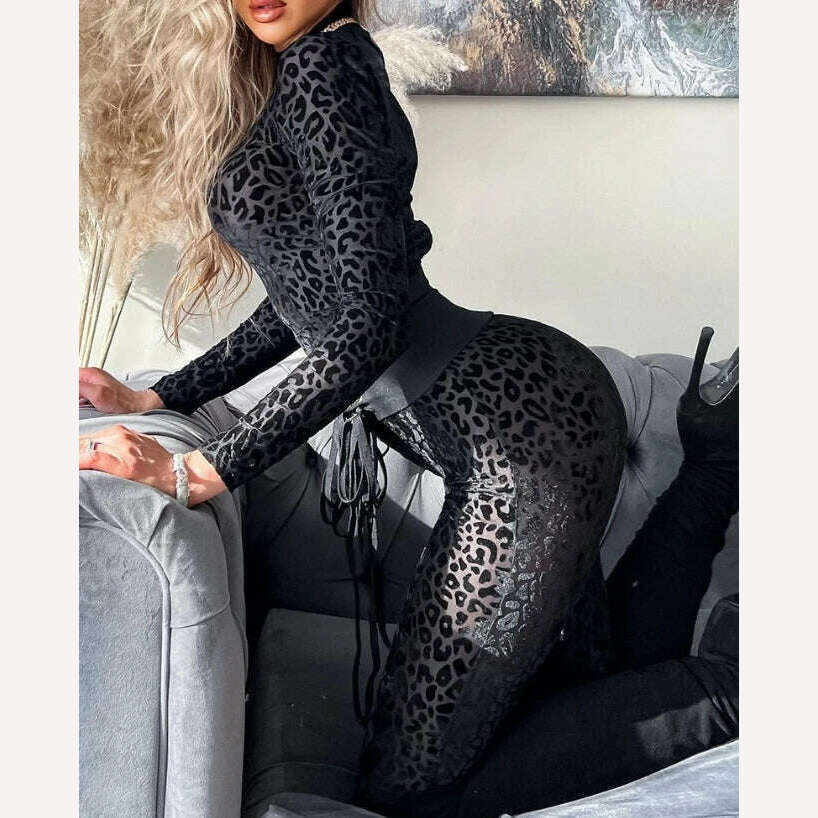 KIMLUD, Jumpsuit Women 2023 Spring Fashion Leopard Print Mock Neck Casual Long Sleeve Skinny Daily Semi-Sheer Jumpsuit Y2K Streetwear, A / S, KIMLUD Womens Clothes