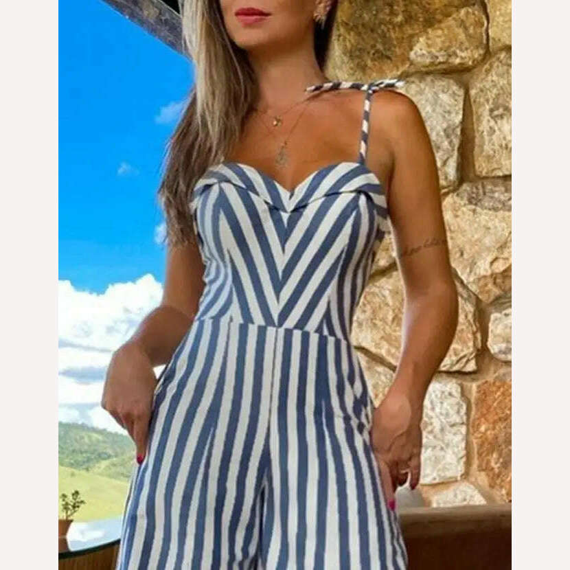 Jumpsuit Women 2024 Summer Fashion Striped Print Split Thigh Sweetheart Neck Tied Detail Casual Wide Leg Vacation Jumpsuit - KIMLUD