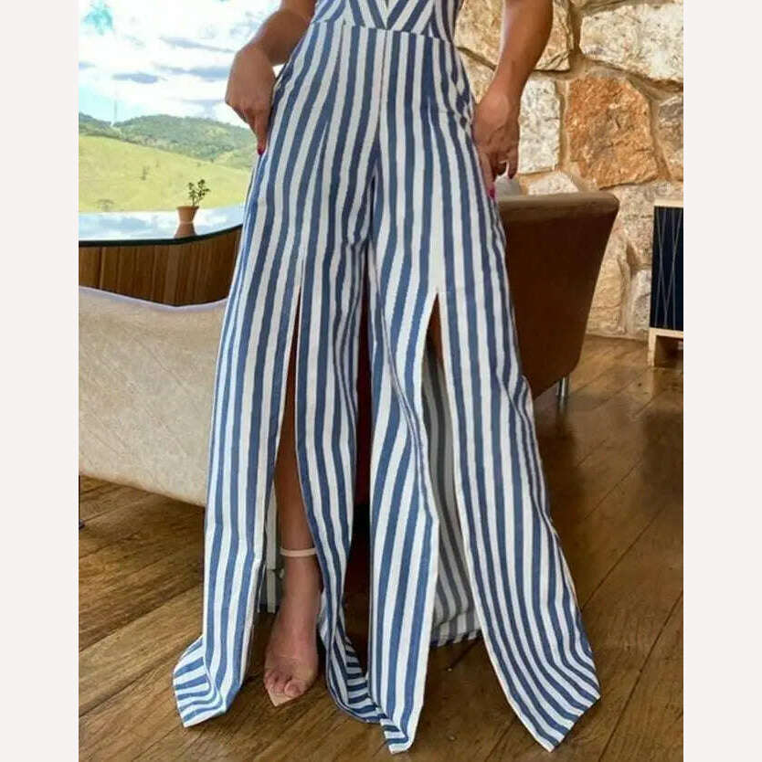 Jumpsuit Women 2024 Summer Fashion Striped Print Split Thigh Sweetheart Neck Tied Detail Casual Wide Leg Vacation Jumpsuit - KIMLUD