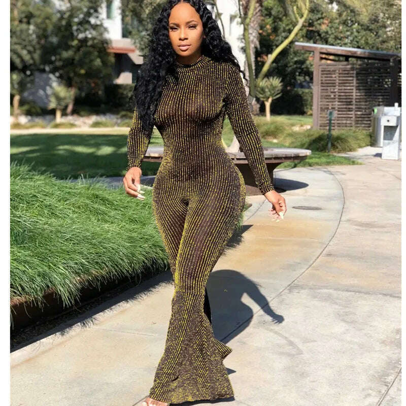KIMLUD, Jumpsuits for Women 2021 Sexy Club Outfits Bodycon Waist Striped Long Sleeve Round Neck Long Jumpsuit Wholesale Dropshipping, Gold / S, KIMLUD APPAREL - Womens Clothes