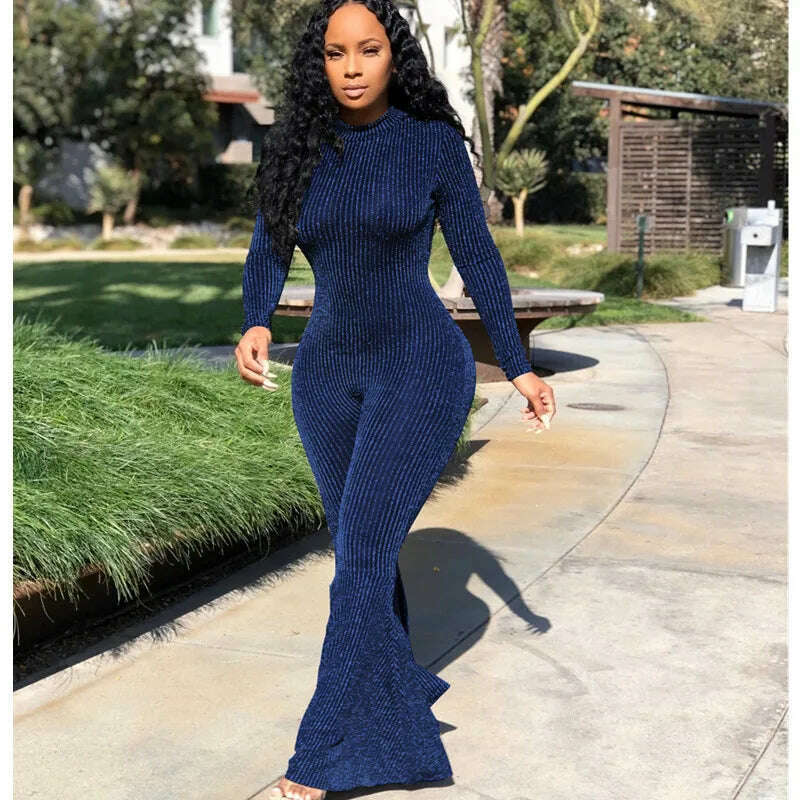 KIMLUD, Jumpsuits for Women 2021 Sexy Club Outfits Bodycon Waist Striped Long Sleeve Round Neck Long Jumpsuit Wholesale Dropshipping, Blue / S, KIMLUD APPAREL - Womens Clothes