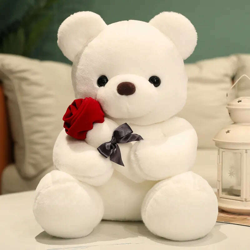 KIMLUD, Kawaii Teddy Bear with Roses Plush Toy Soft Bear Stuffed Doll Romantic Gift for Lover Home Decor Valentine's Day Gifts for Girls, WHITE / 23cm, KIMLUD Womens Clothes