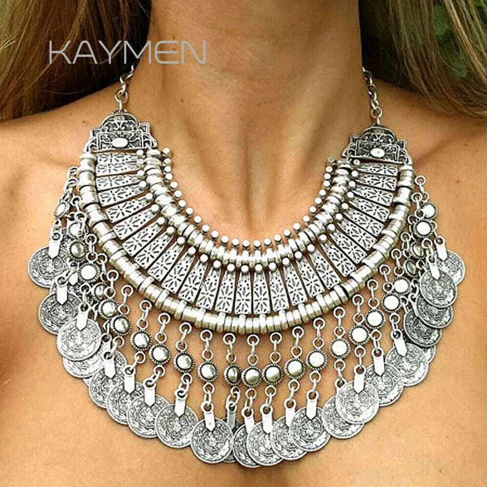 KIMLUD, KAYMEN Bohemia Gipsy Coins Pendant Necklace Vintage Statement Chokers Necklace for Girls Women Antique Silver Color Necklaces, KIMLUD Womens Clothes