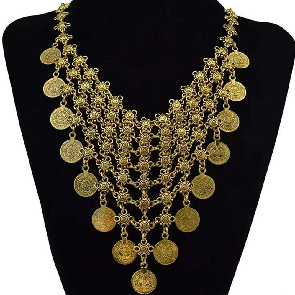 KIMLUD, KAYMEN Bohemia Gipsy Coins Pendant Necklace Vintage Statement Chokers Necklace for Girls Women Antique Silver Color Necklaces, KIMLUD Womens Clothes
