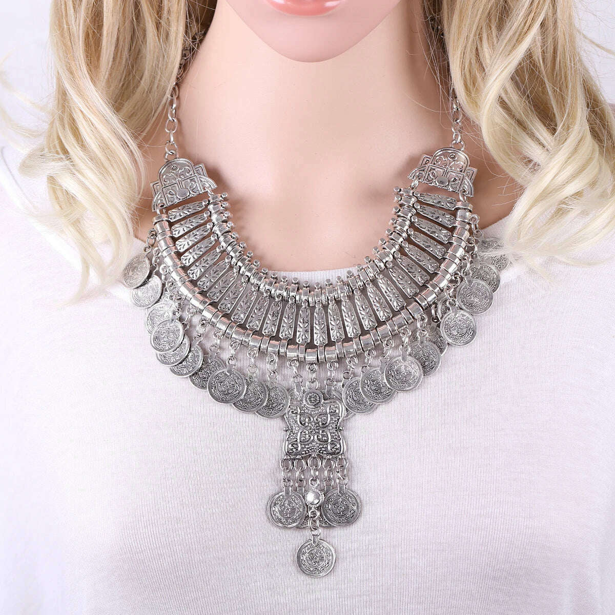 KIMLUD, KAYMEN Bohemia Gipsy Coins Pendant Necklace Vintage Statement Chokers Necklace for Girls Women Antique Silver Color Necklaces, KIMLUD Womens Clothes