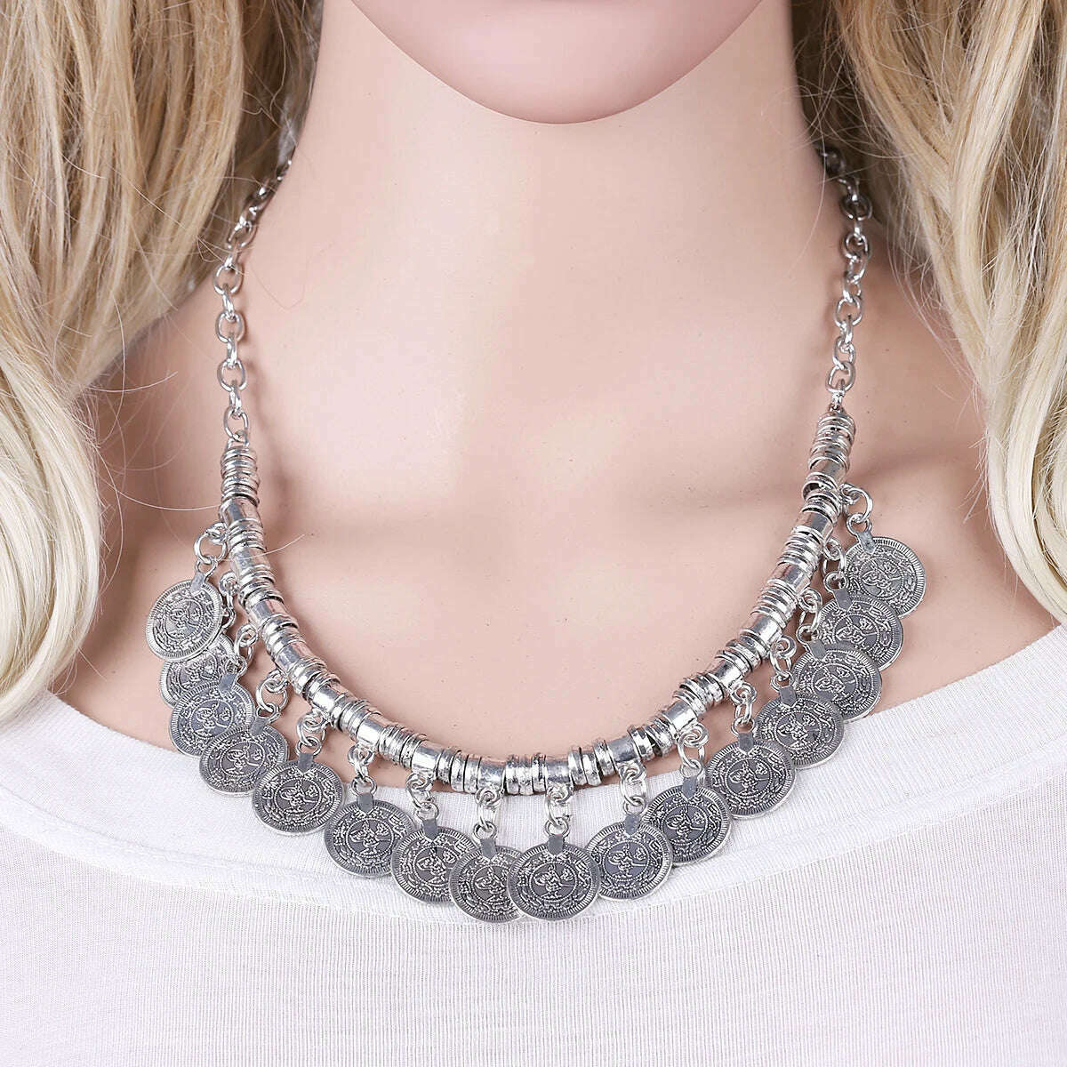 KIMLUD, KAYMEN Bohemia Gipsy Coins Pendant Necklace Vintage Statement Chokers Necklace for Girls Women Antique Silver Color Necklaces, KIMLUD Womens Clothes