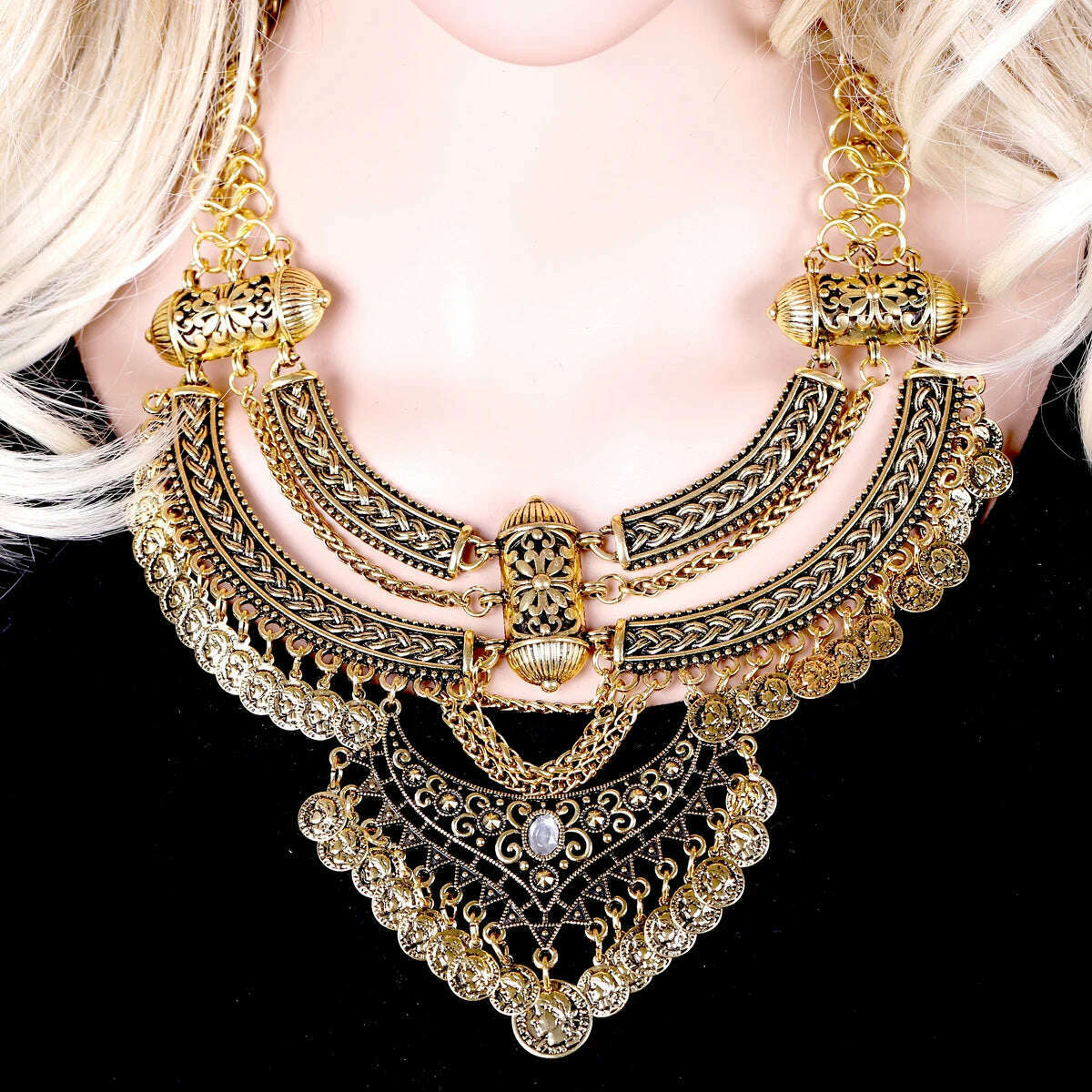 KIMLUD, KAYMEN Bohemia Gipsy Coins Pendant Necklace Vintage Statement Chokers Necklace for Girls Women Antique Silver Color Necklaces, KIMLUD Womens Clothes