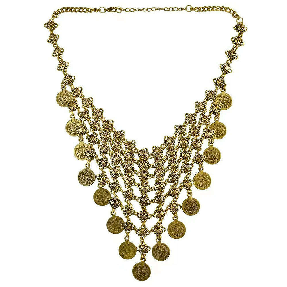 KIMLUD, KAYMEN Bohemia Gipsy Coins Pendant Necklace Vintage Statement Chokers Necklace for Girls Women Antique Silver Color Necklaces, 1687 Antique Gold, KIMLUD APPAREL - Womens Clothes