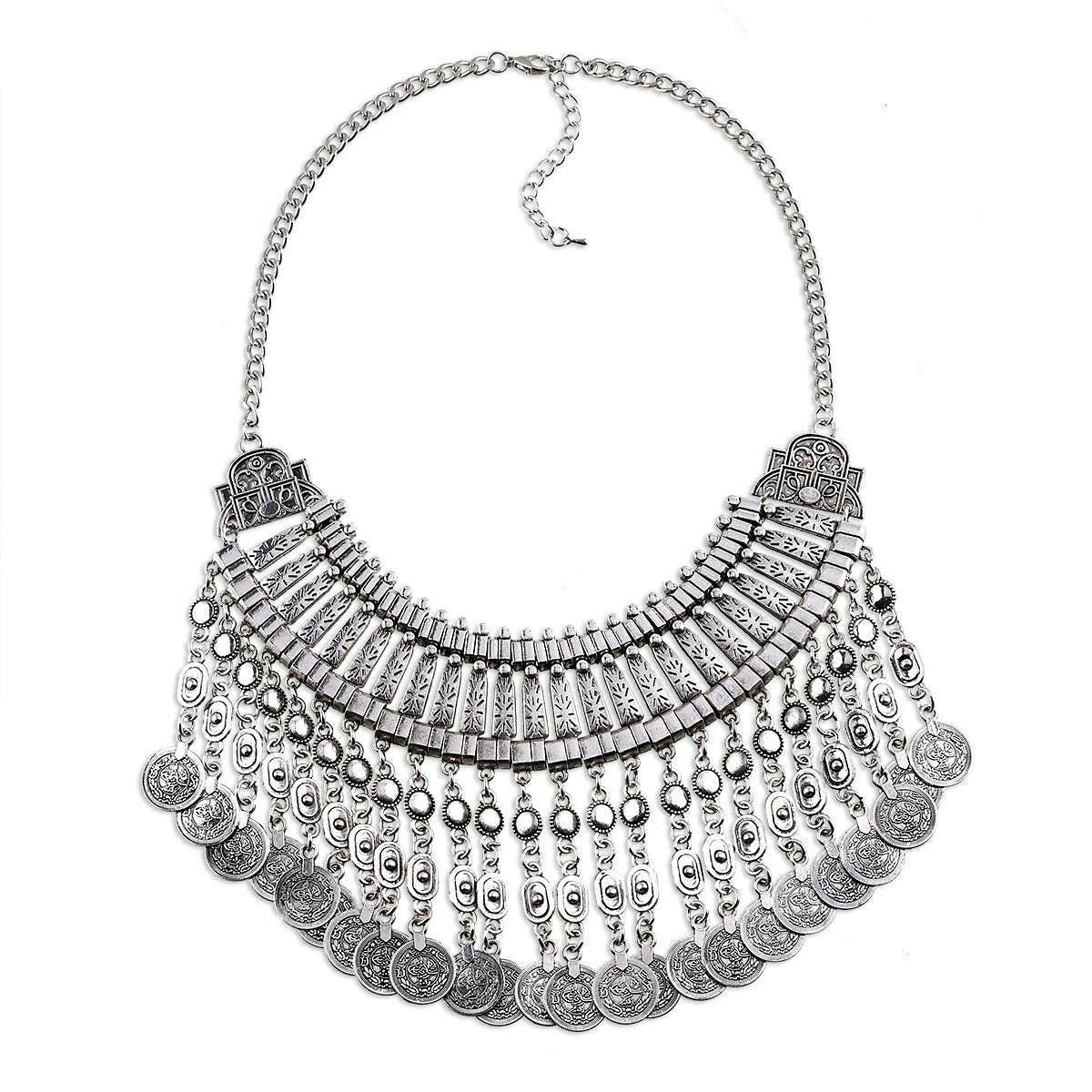 KIMLUD, KAYMEN Bohemia Gipsy Coins Pendant Necklace Vintage Statement Chokers Necklace for Girls Women Antique Silver Color Necklaces, 1605 Antique Silver, KIMLUD APPAREL - Womens Clothes