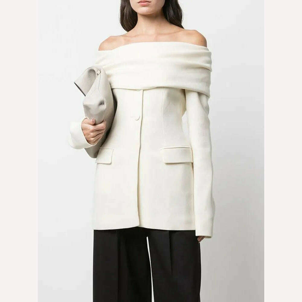 KIMLUD, KBQ Off Shoulder strapless Blazer For Women Slash Neck Long Sleeve Spliced Buttons Folds Solid Slim Blazers Female Fashion New, KIMLUD Womens Clothes
