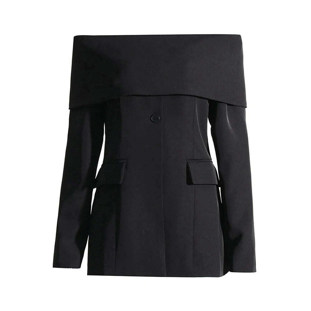 KIMLUD, KBQ Off Shoulder strapless Blazer For Women Slash Neck Long Sleeve Spliced Buttons Folds Solid Slim Blazers Female Fashion New, Black / S, KIMLUD APPAREL - Womens Clothes
