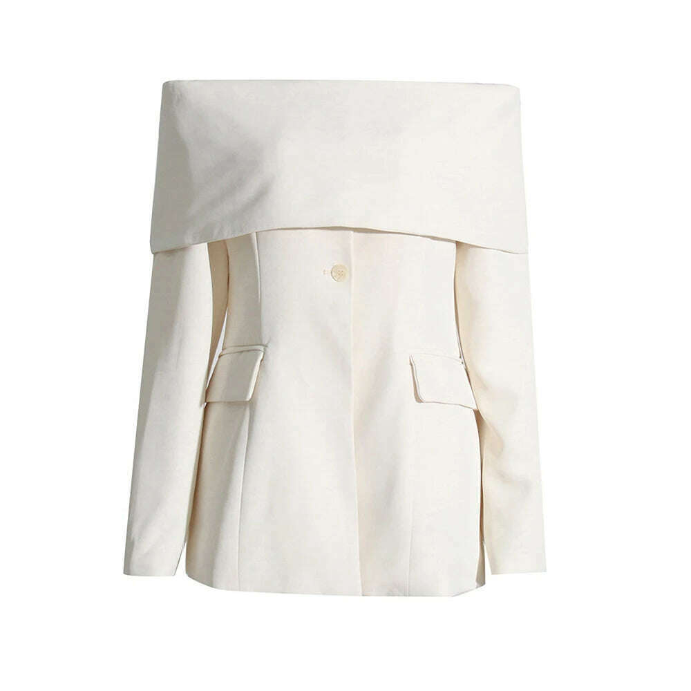 KIMLUD, KBQ Off Shoulder strapless Blazer For Women Slash Neck Long Sleeve Spliced Buttons Folds Solid Slim Blazers Female Fashion New, Apricot / XL, KIMLUD APPAREL - Womens Clothes