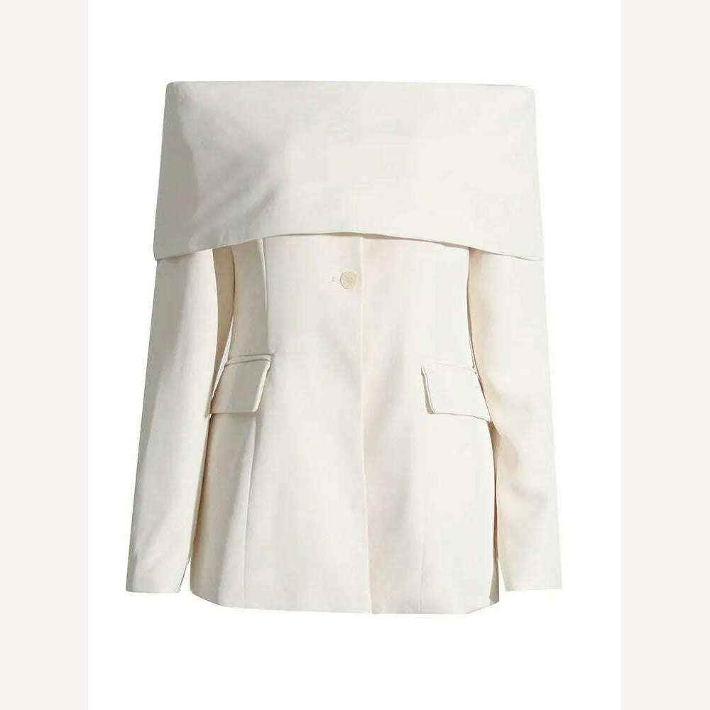 KIMLUD, KBQ Off Shoulder strapless Blazer For Women Slash Neck Long Sleeve Spliced Buttons Folds Solid Slim Blazers Female Fashion New, KIMLUD Womens Clothes