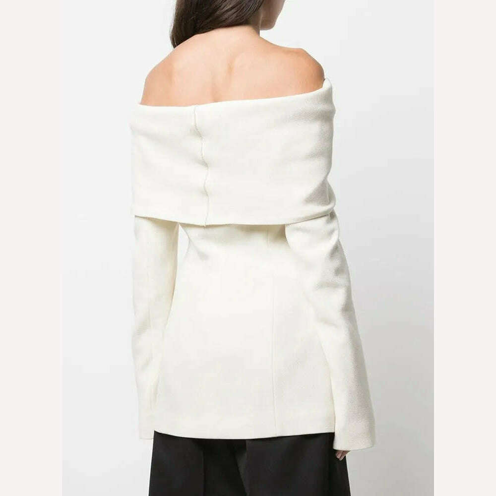 KIMLUD, KBQ Off Shoulder strapless Blazer For Women Slash Neck Long Sleeve Spliced Buttons Folds Solid Slim Blazers Female Fashion New, KIMLUD Womens Clothes
