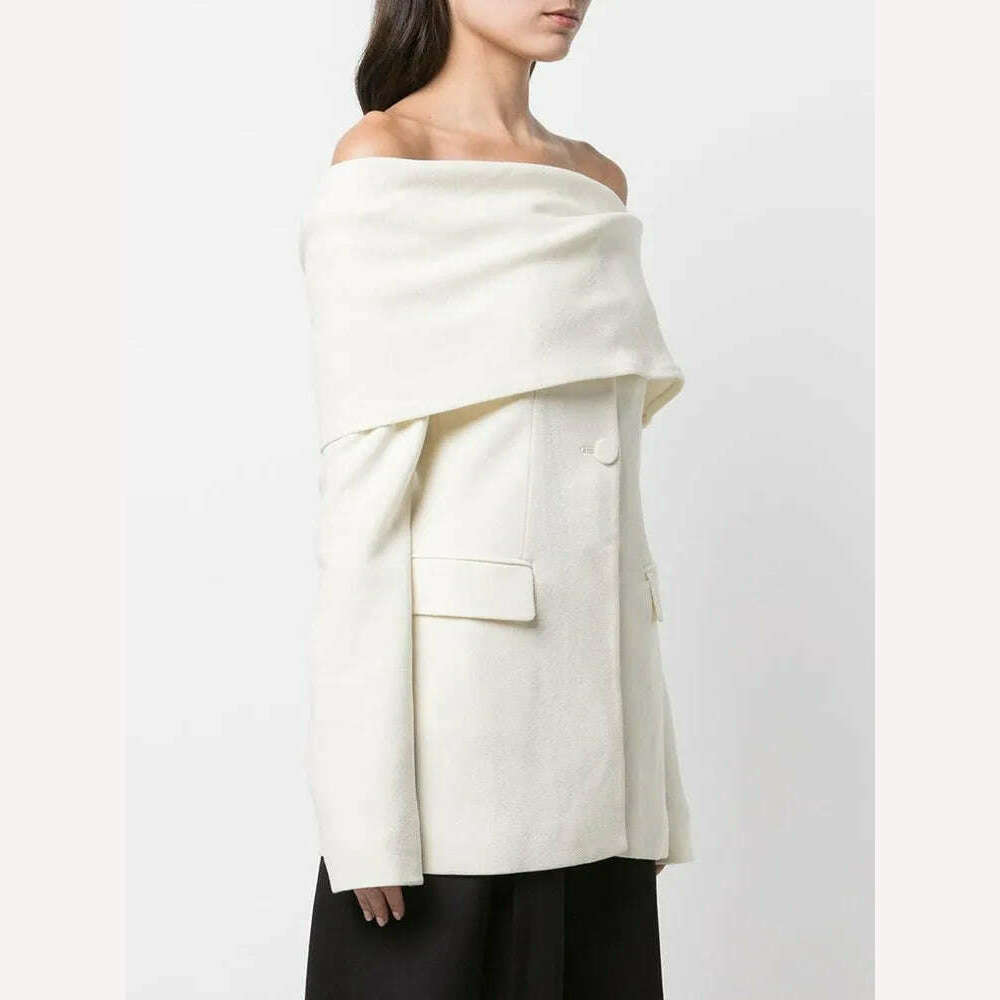 KIMLUD, KBQ Off Shoulder strapless Blazer For Women Slash Neck Long Sleeve Spliced Buttons Folds Solid Slim Blazers Female Fashion New, KIMLUD Womens Clothes