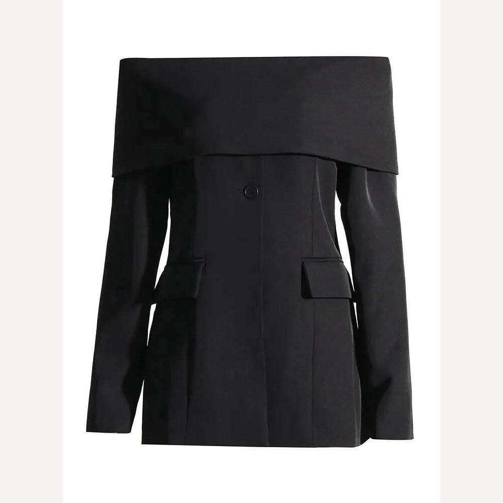 KIMLUD, KBQ Off Shoulder strapless Blazer For Women Slash Neck Long Sleeve Spliced Buttons Folds Solid Slim Blazers Female Fashion New, KIMLUD Womens Clothes