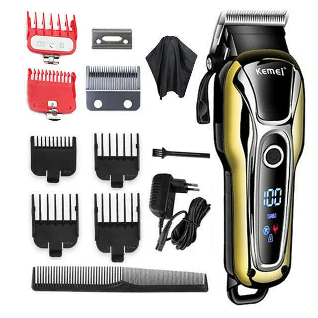 KIMLUD, Kemei Hair Clipper Electric Hair Trimmer Professional Men's hair clipper cordless beard trimmer LED display Wireless Hair Cutter, 6Comb 1Head Cloth / spain, KIMLUD Womens Clothes