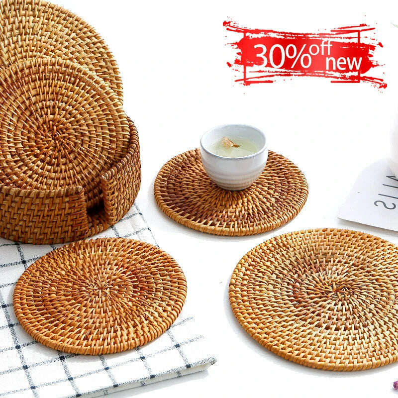 KEMORELA 1PC Round Natural Rattan Coasters Bowl Pad Handmade Padding Cup Mat Insulation Placemats Kitchen Decoration Accessories - KIMLUD