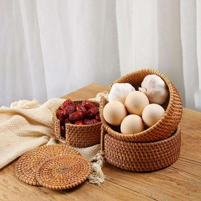 KEMORELA 1PC Round Natural Rattan Coasters Bowl Pad Handmade Padding Cup Mat Insulation Placemats Kitchen Decoration Accessories - KIMLUD