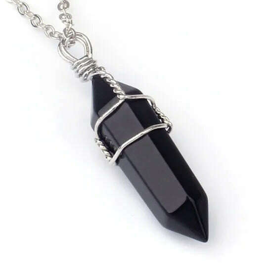 KIMLUD, KFT Silver Plated Wire Wrapped Hexagonal Prism Pendant Black Agates Onyx Stone Necklace 20inch Link Chain Women Men Jewelry, Black Agate / CHINA, KIMLUD APPAREL - Womens Clothes