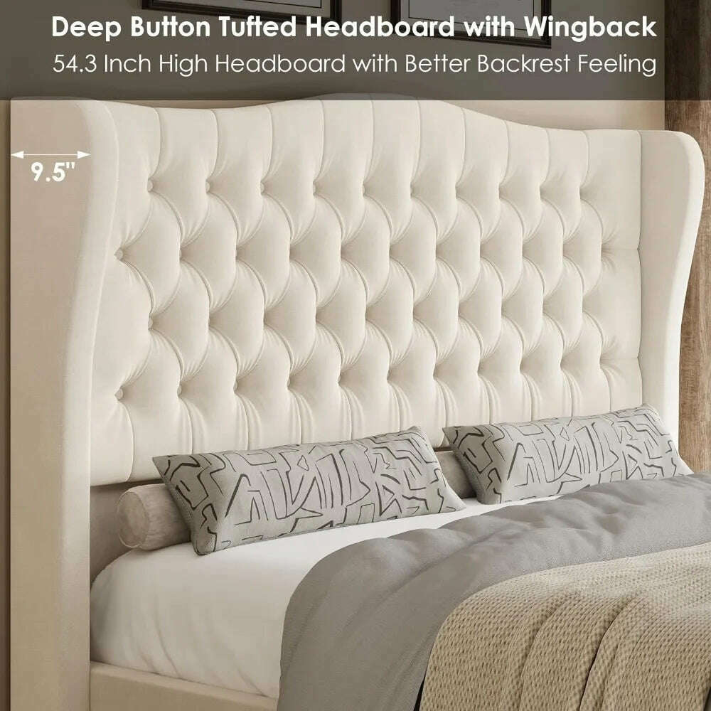King Bed Frame with Velvet Upholstered Deep Button Tufted Wingback Headboard and Footboard, No Box Spring Needed, King Bed Frame - KIMLUD