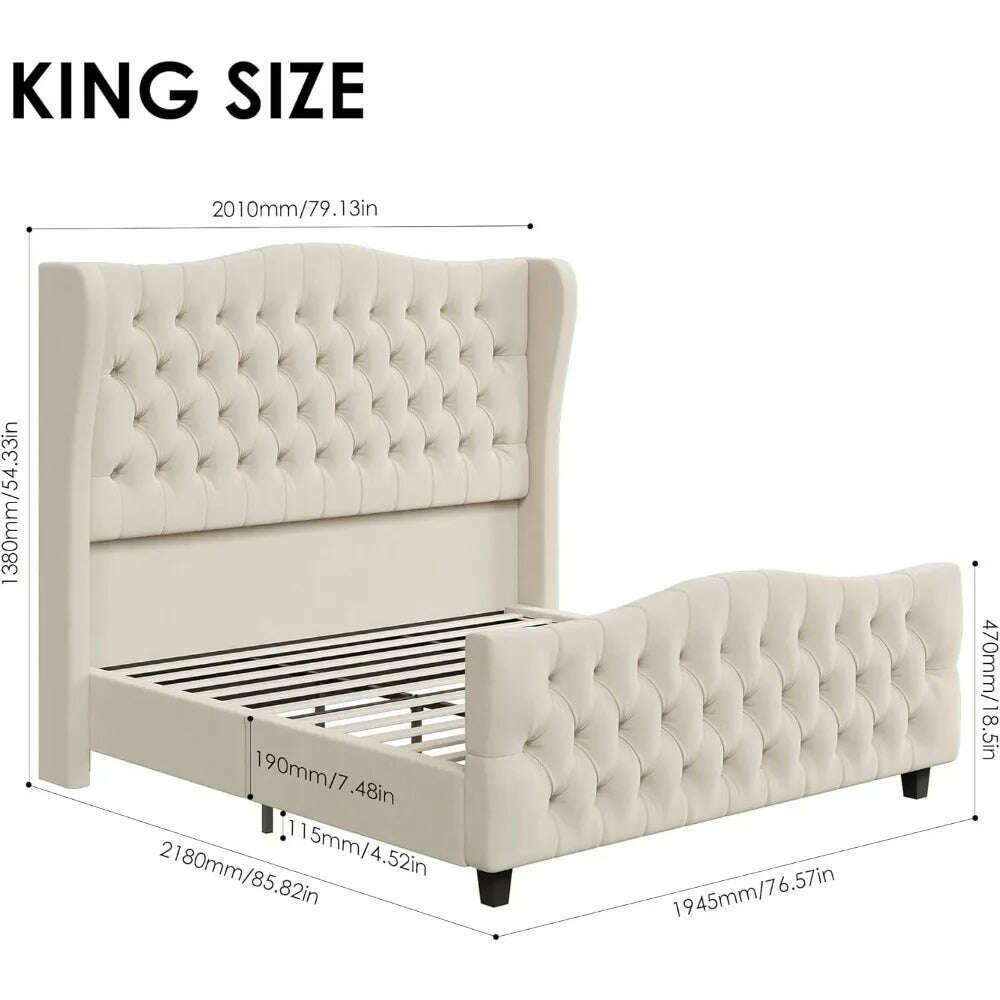 King Bed Frame with Velvet Upholstered Deep Button Tufted Wingback Headboard and Footboard, No Box Spring Needed, King Bed Frame - KIMLUD
