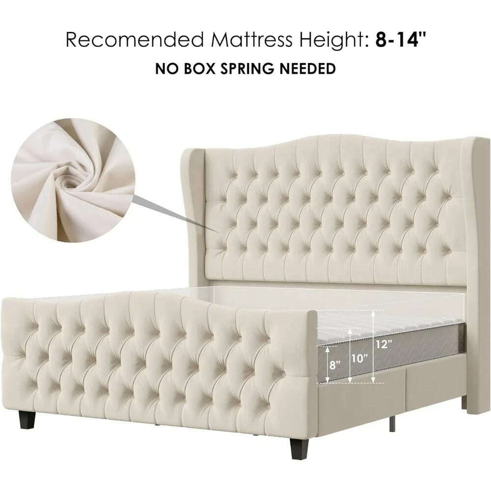 King Bed Frame with Velvet Upholstered Deep Button Tufted Wingback Headboard and Footboard, No Box Spring Needed, King Bed Frame - KIMLUD