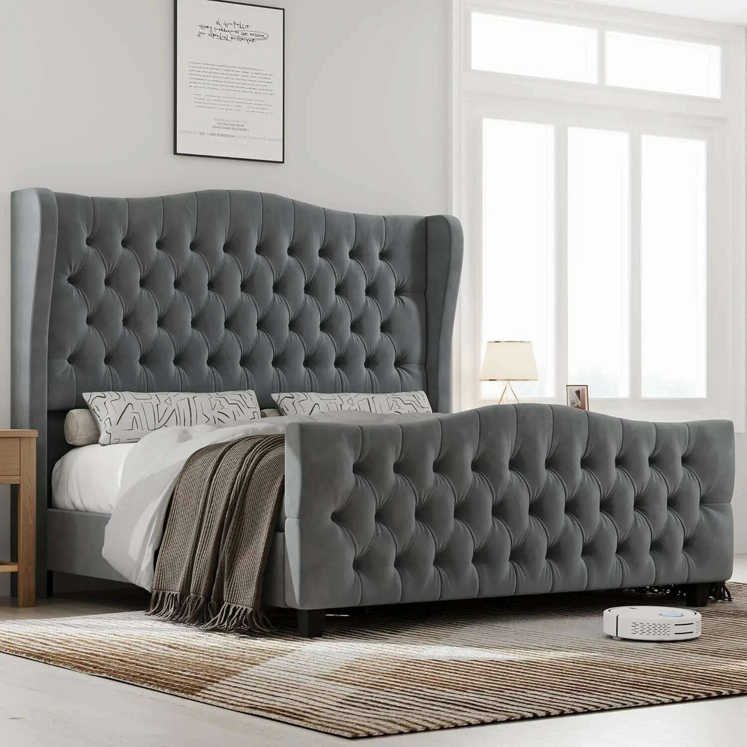 King Bed Frame with Velvet Upholstered Deep Button Tufted Wingback Headboard and Footboard, No Box Spring Needed, King Bed Frame - KIMLUD