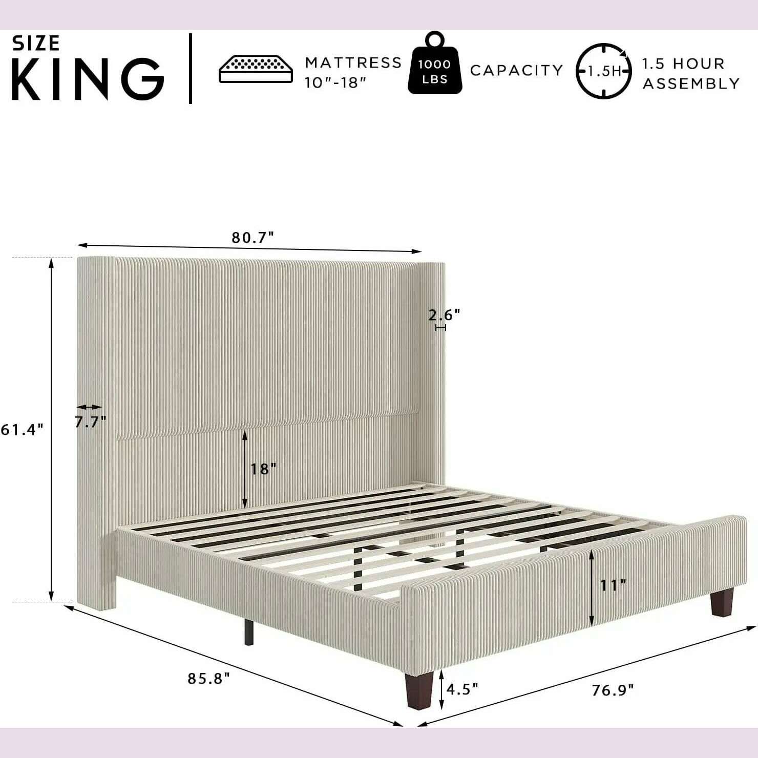 KIMLUD, King Size 61" Corduroy Upholstered Bed Frame, Platform Bed with Vertical Stripe Wingback Headboard, No Box Spring Needed/Noise, KIMLUD Womens Clothes