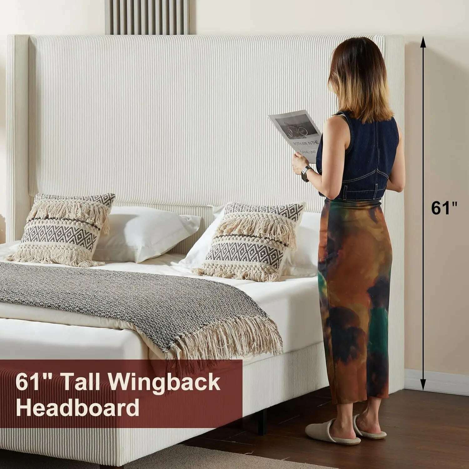KIMLUD, King Size 61" Corduroy Upholstered Bed Frame, Platform Bed with Vertical Stripe Wingback Headboard, No Box Spring Needed/Noise, KIMLUD Womens Clothes