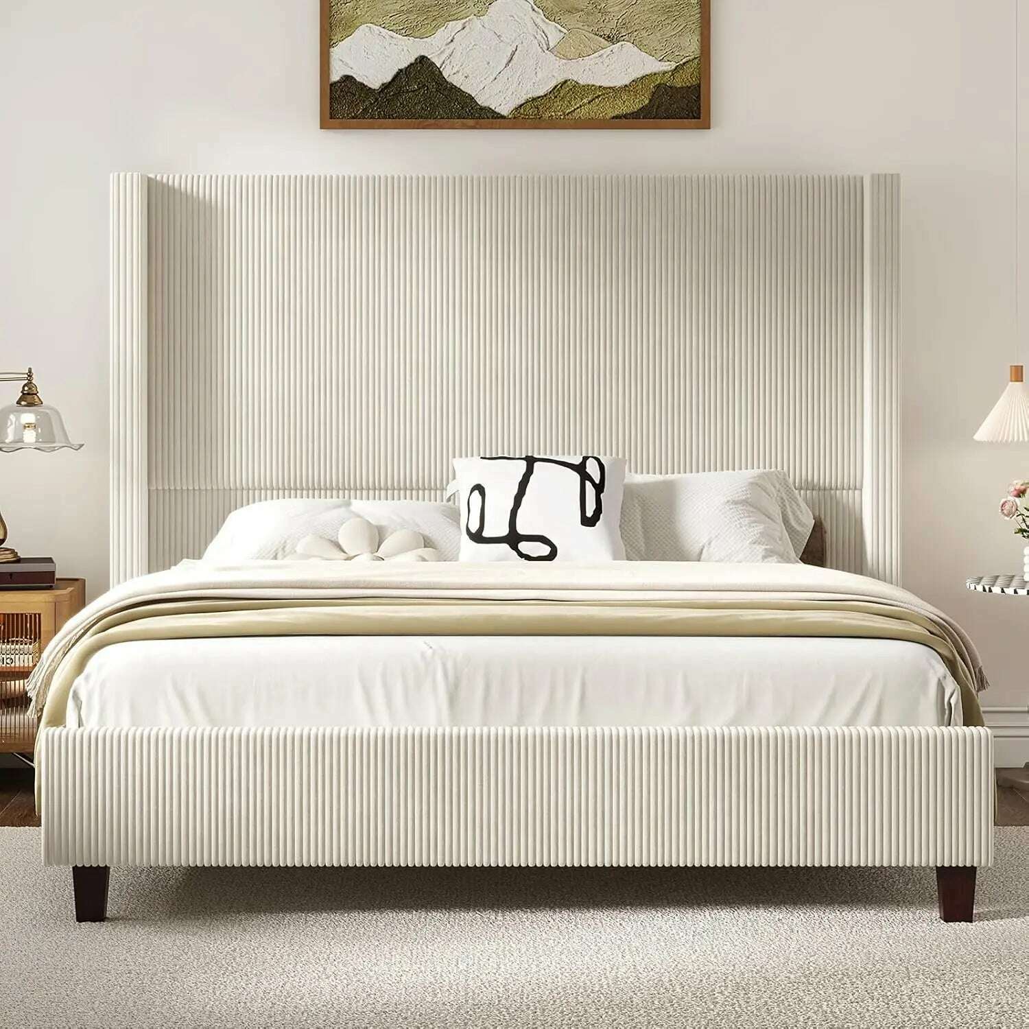 KIMLUD, King Size 61" Corduroy Upholstered Bed Frame, Platform Bed with Vertical Stripe Wingback Headboard, No Box Spring Needed/Noise, Cream-queen / United States, KIMLUD APPAREL - Womens Clothes