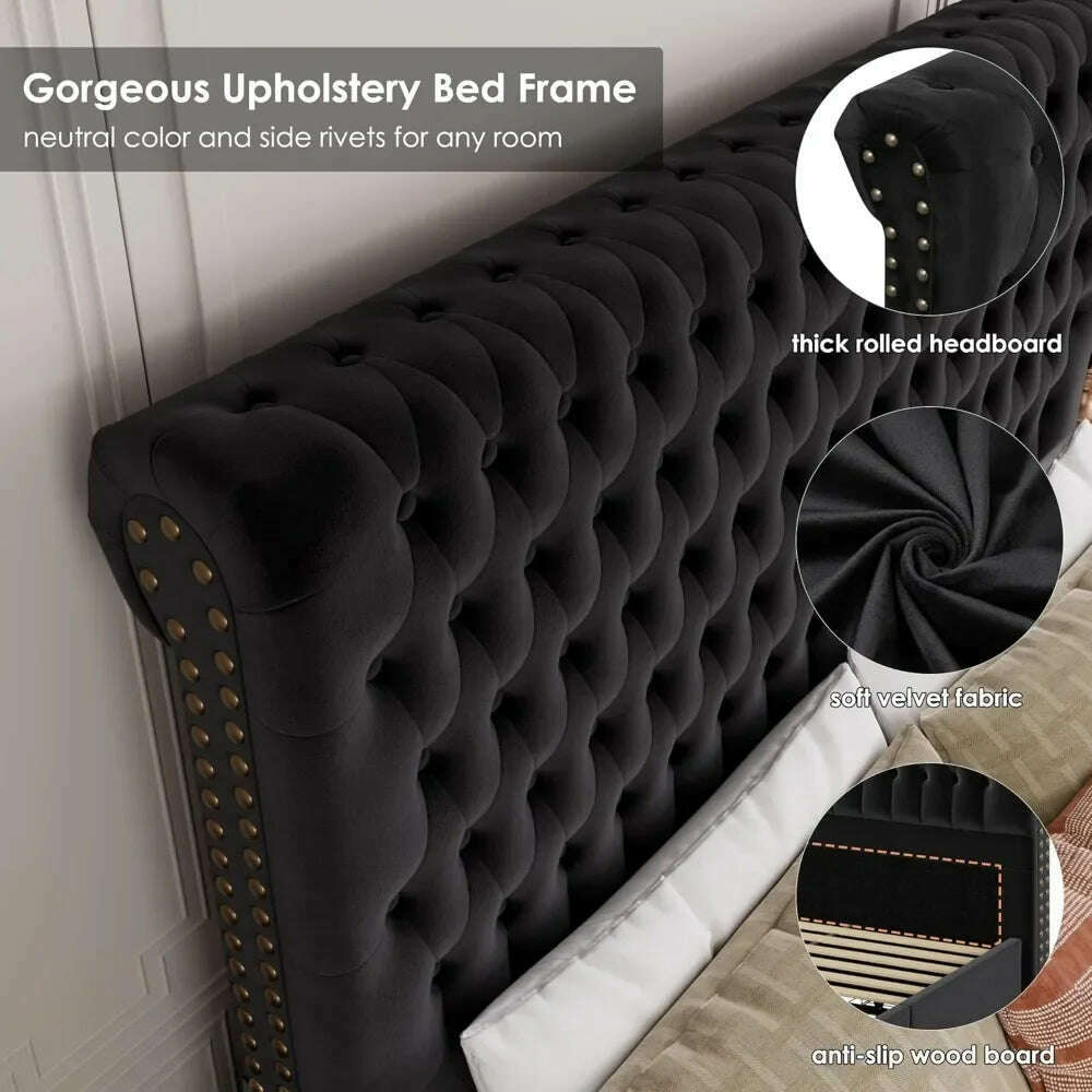KIMLUD, King Size Bed Frame 55" Tall Headboard with Gorgeous Button Tufted and Nail, Velvet Fabric Upholstered Bed Frame, KIMLUD Womens Clothes