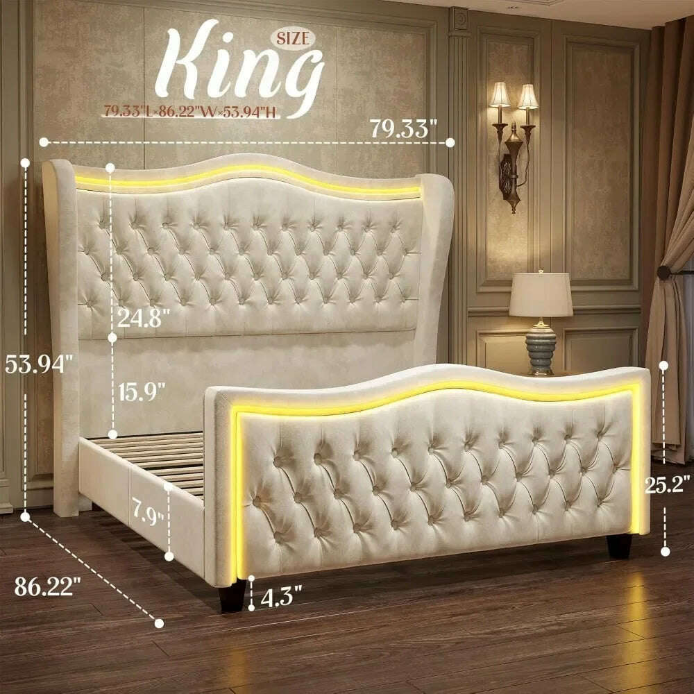 KIMLUD, King Size Bed Frame with LED Lights, 53'' Upholstered Platform Wingback Bed with Handmade Deep Button Tufted Headboard Footboard, KIMLUD Womens Clothes