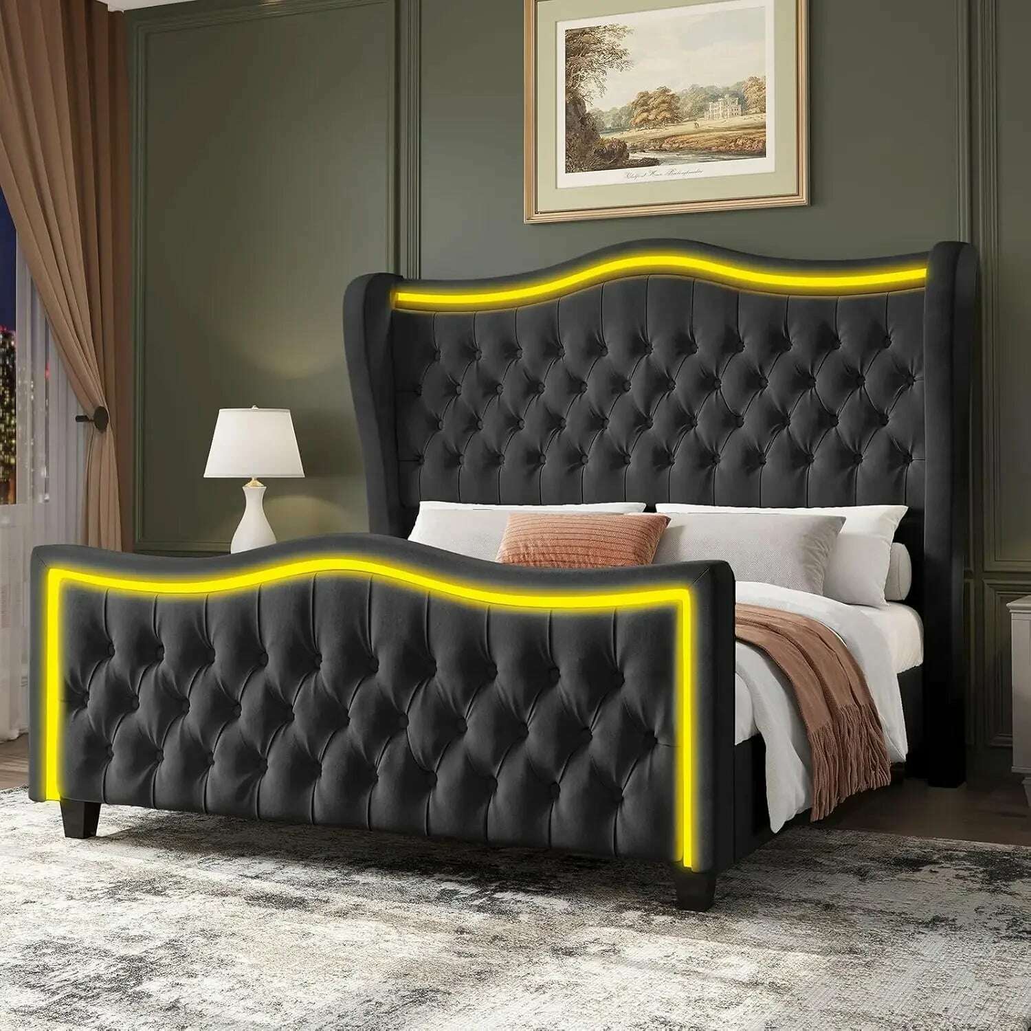 KIMLUD, King Size Bed Frame with LED Lights, 53'' Upholstered Platform Wingback Bed with Handmade Deep Button Tufted Headboard Footboard, Black / Queen / United States, KIMLUD APPAREL - Womens Clothes