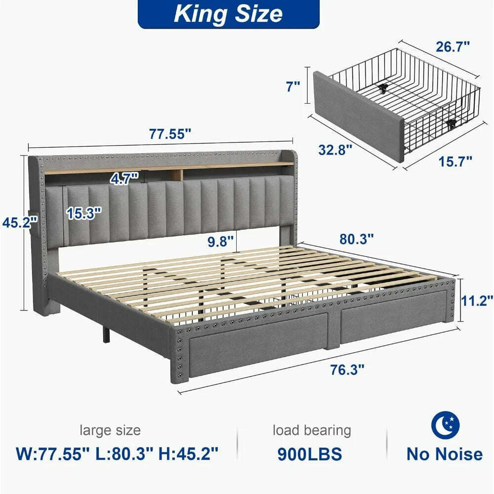King Size Bed Frame with Storage and Headboard, Upholstered King Bed Frame with Storage, Grey King Bed Frame w 2 Drawers - KIMLUD