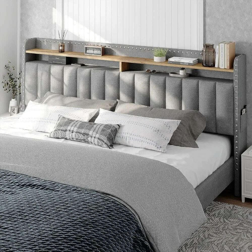 King Size Bed Frame with Storage and Headboard, Upholstered King Bed Frame with Storage, Grey King Bed Frame w 2 Drawers - KIMLUD