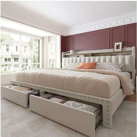 King Size Bed Frame with Storage and Headboard, Upholstered King Bed Frame with Storage, Grey King Bed Frame w 2 Drawers - KIMLUD