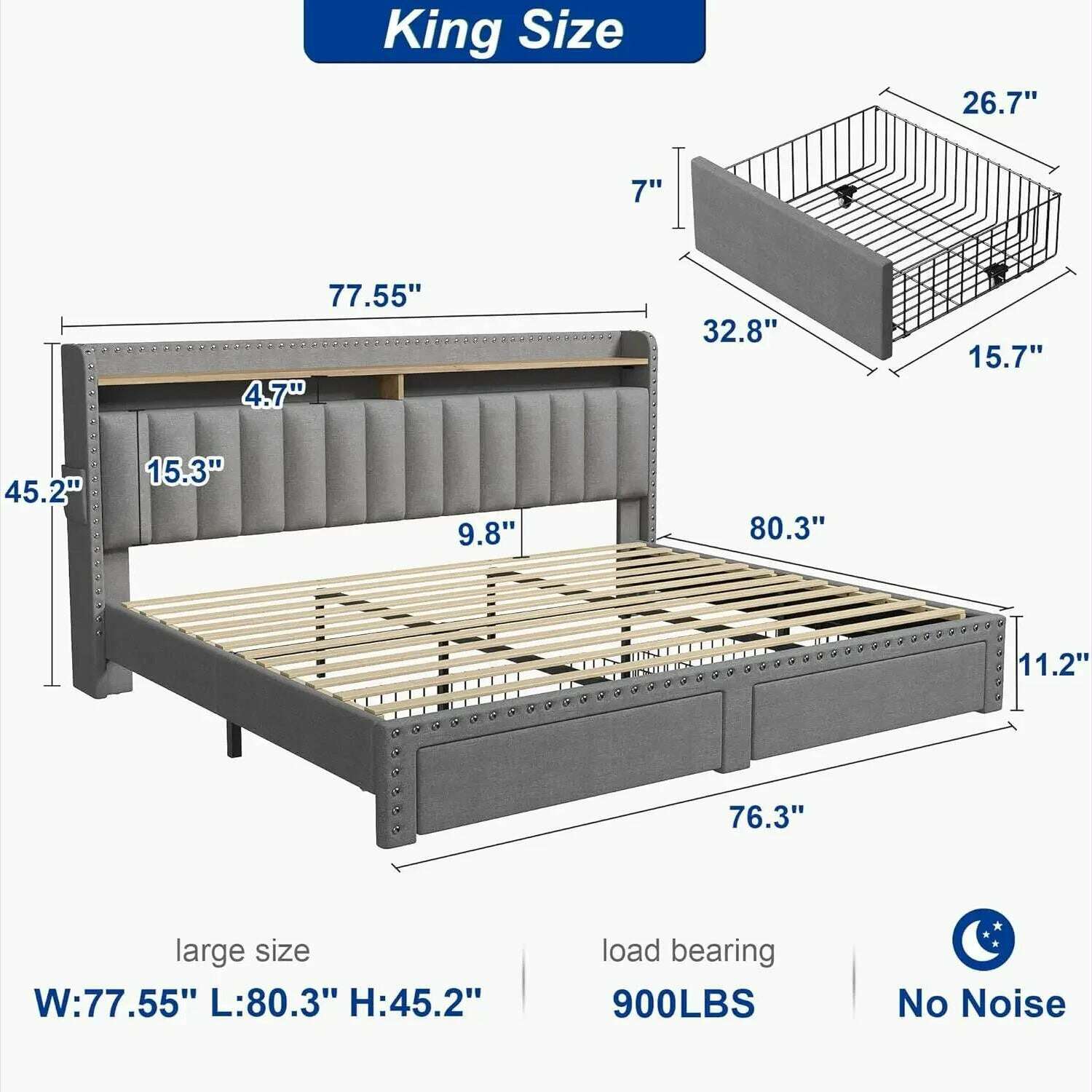 KIMLUD, King Size Bed Frame with Storage and Headboard, Upholstered King Bed Frame with Storage, Grey King Bed Frame, KIMLUD Womens Clothes