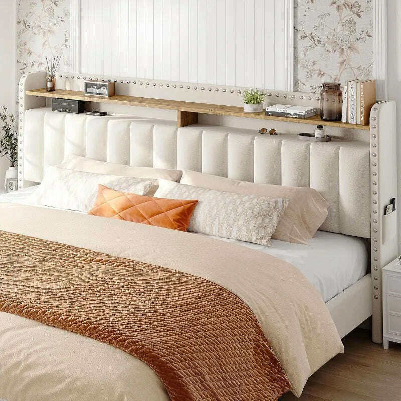 KIMLUD, King Size Bed Frame with Storage and Headboard, Upholstered King Bed Frame with Storage, King Bed Frame, KIMLUD Womens Clothes