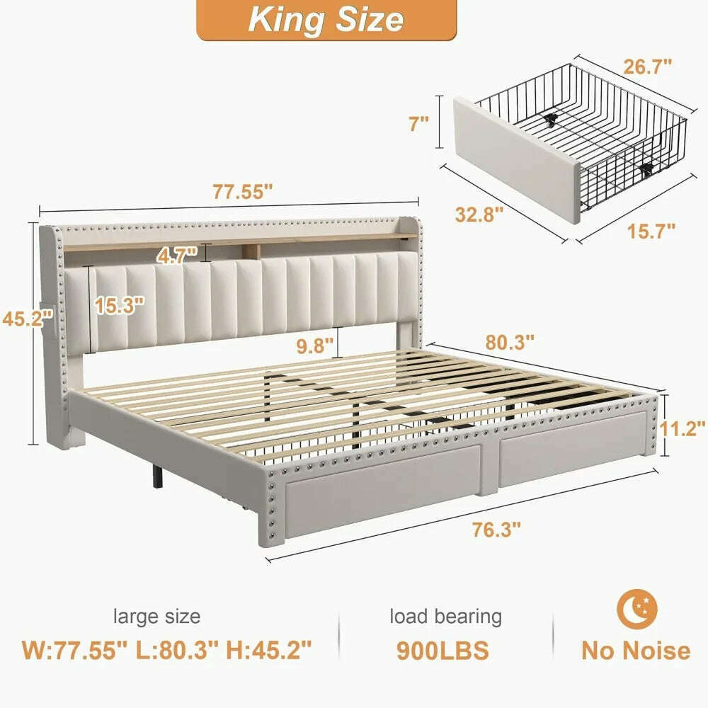 KIMLUD, King Size Bed Frame with Storage and Headboard,Upholstered King Bed Frame with Storage & 2 Drawers,NO Noise,No Box Spring Needed, KIMLUD Womens Clothes