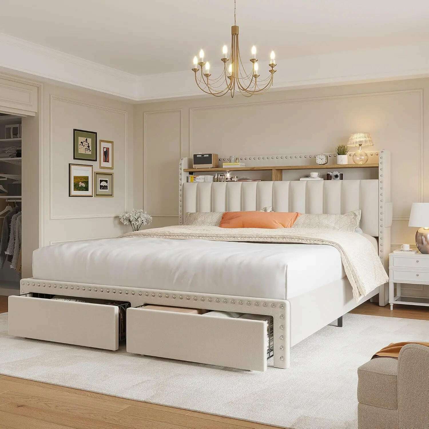 KIMLUD, King Size Bed Frame with Storage and Headboard,Upholstered King Bed Frame with Storage & 2 Drawers,NO Noise,No Box Spring Needed, Beige-Full / United States, KIMLUD APPAREL - Womens Clothes