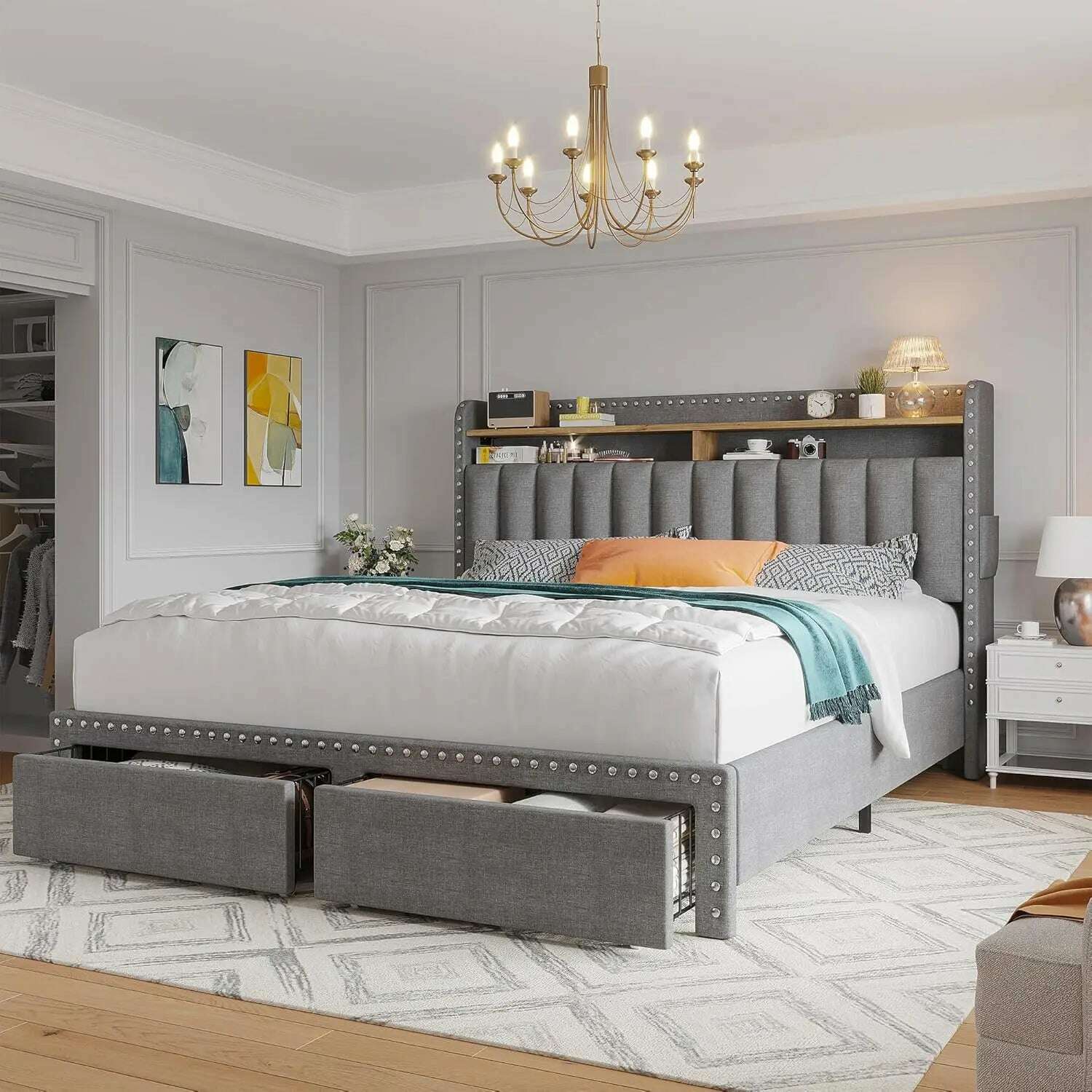 KIMLUD, King Size Bed Frame with Storage and Headboard,Upholstered King Bed Frame with Storage & 2 Drawers,NO Noise,No Box Spring Needed, Grey-Full / United States, KIMLUD APPAREL - Womens Clothes