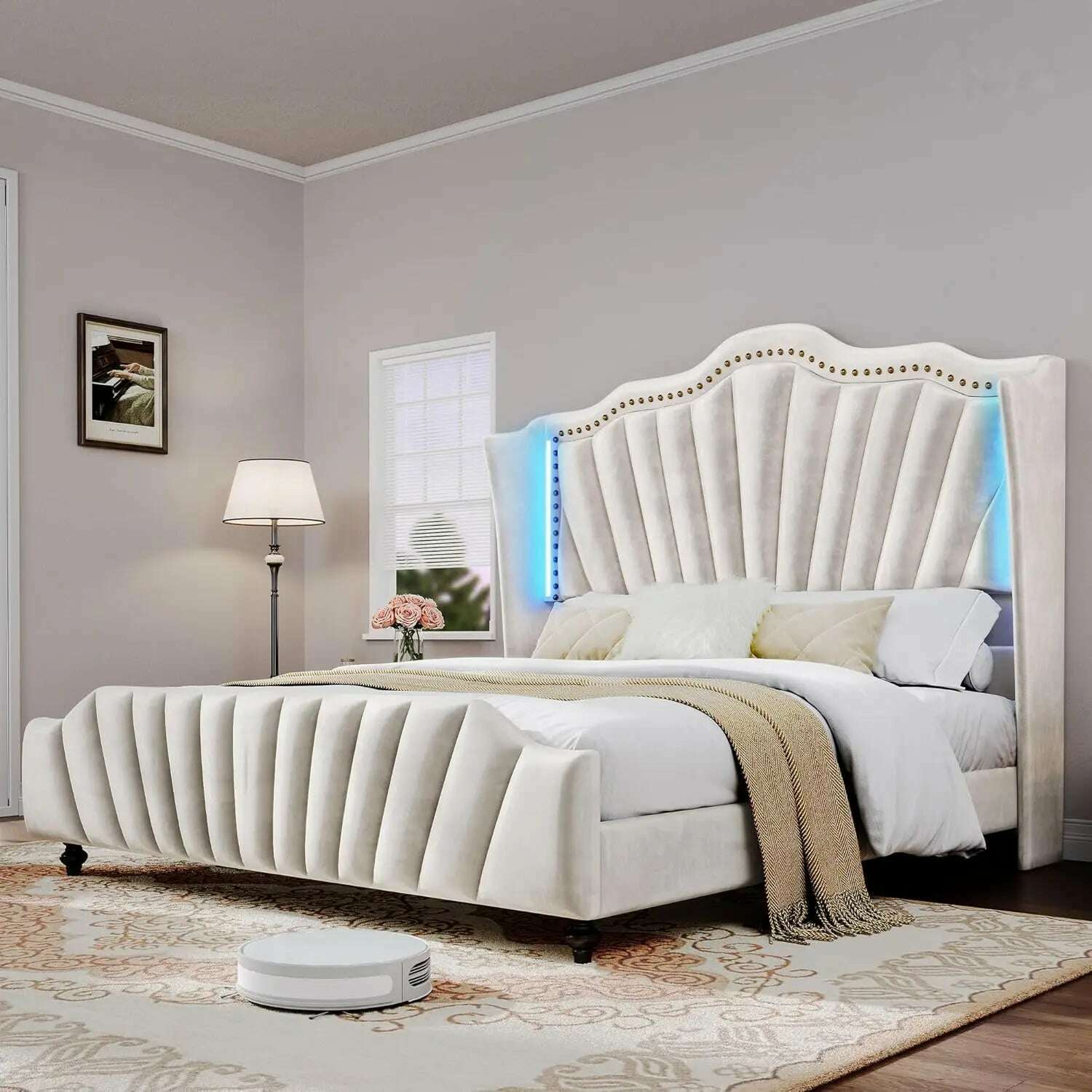 KIMLUD, King Size Platform Bed Frame with 60" Tall Wingback Headboard and Footboard, Velvet Upholstered Bed with LED Light,, KIMLUD Womens Clothes